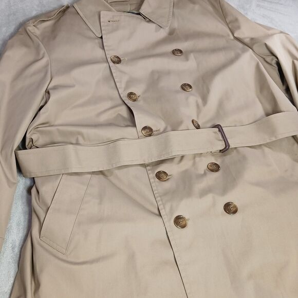 London Fog Trench Coat Mens 46R Khaki Belted Double Breasted Button Vtg USA Made - Picture 3 of 16